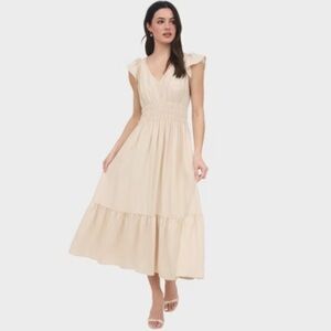 NWT August Sky Light Khaki V Neck Short Sleeve Midi Dress Size S